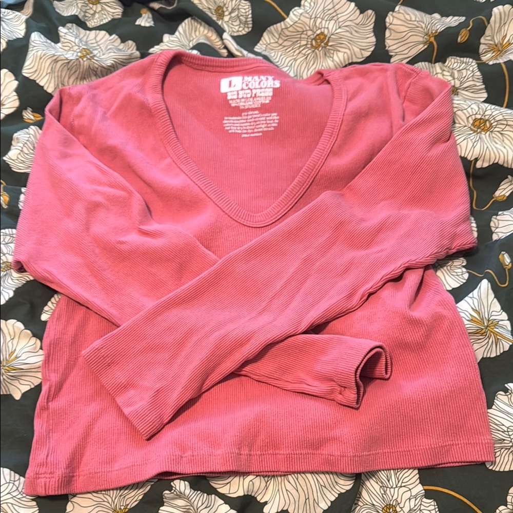 Pink V-Neck Long Sleeve Top